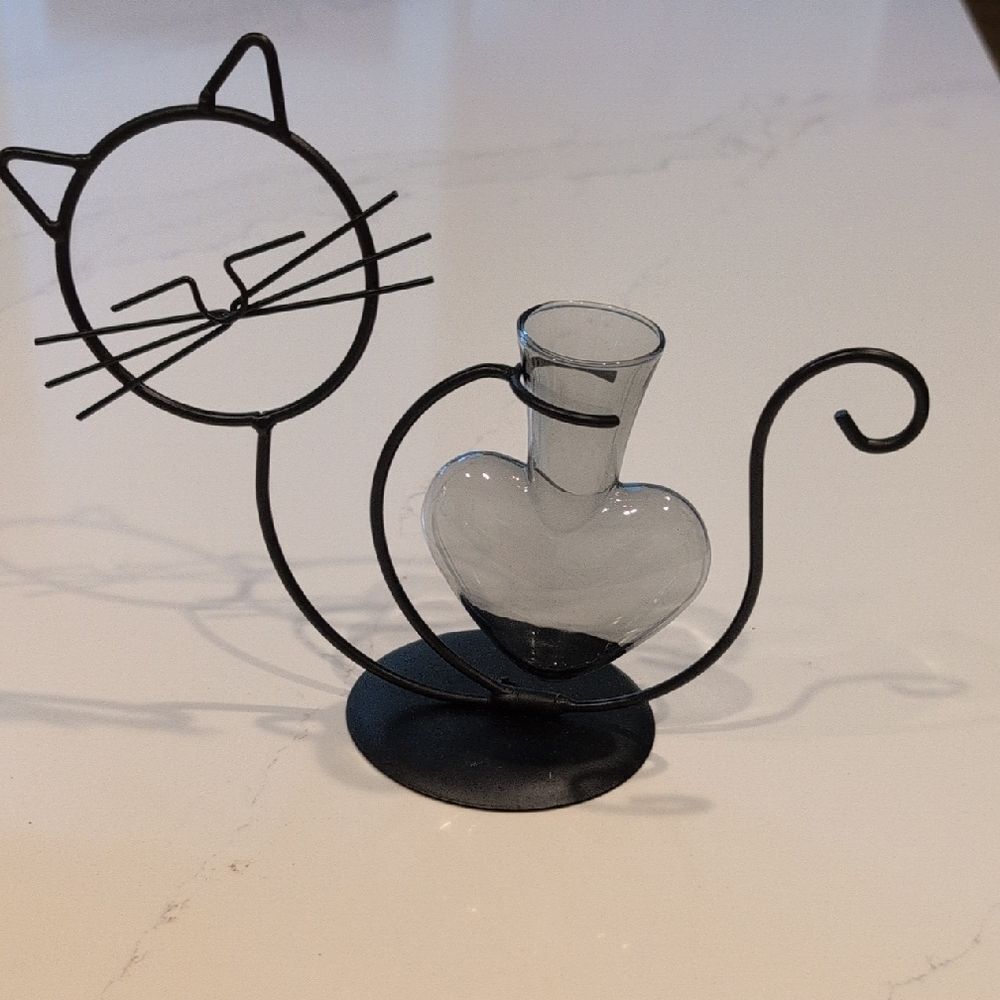 Black Wire Cat Hydroponic Desktop Smoky Glass Flower Vase Holder